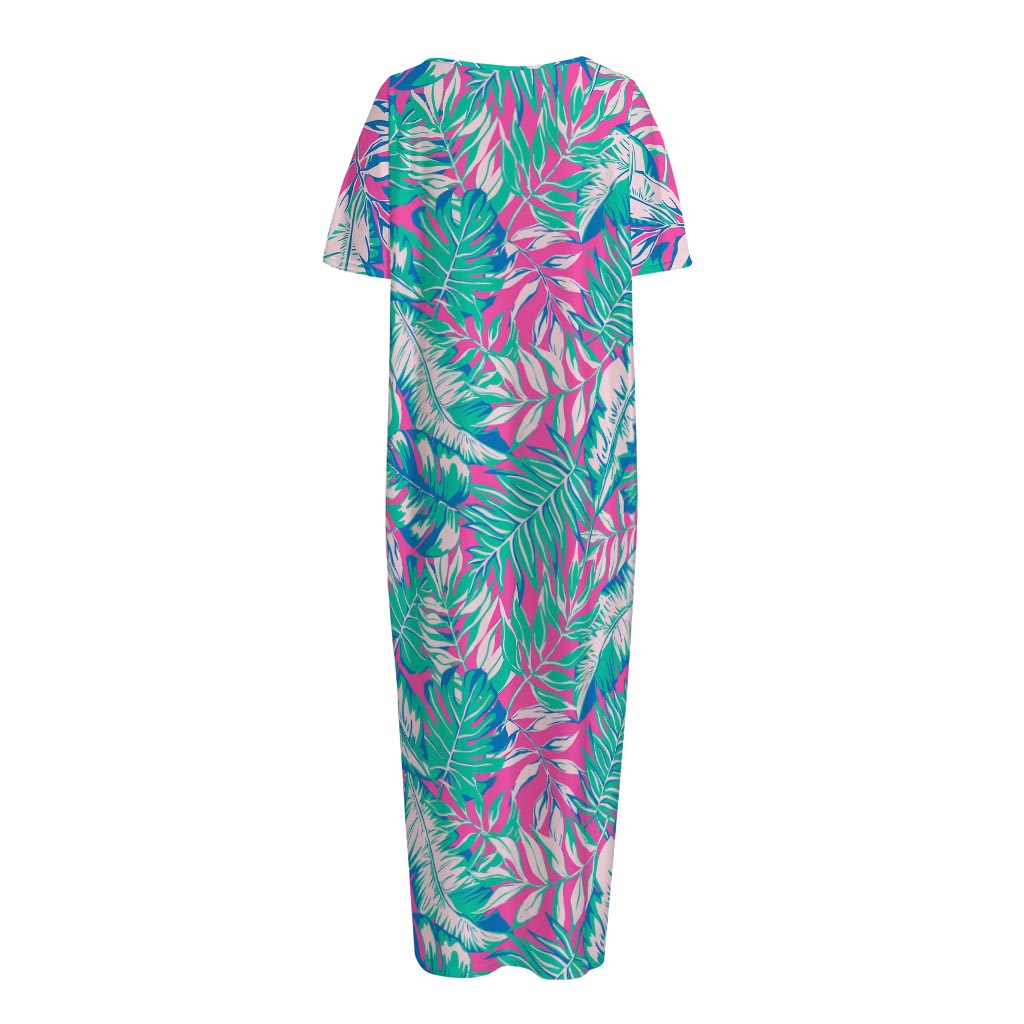 Teal Pink Blossom Tropical Pattern Print Short Sleeve Long Nightdress