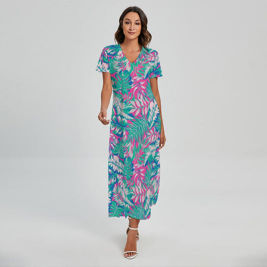 Teal Pink Blossom Tropical Pattern Print Short Sleeve Maxi Dress
