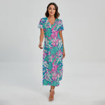 Teal Pink Blossom Tropical Pattern Print Short Sleeve Maxi Dress