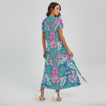 Teal Pink Blossom Tropical Pattern Print Short Sleeve Maxi Dress