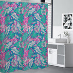 Teal Pink Blossom Tropical Pattern Print Shower Curtain