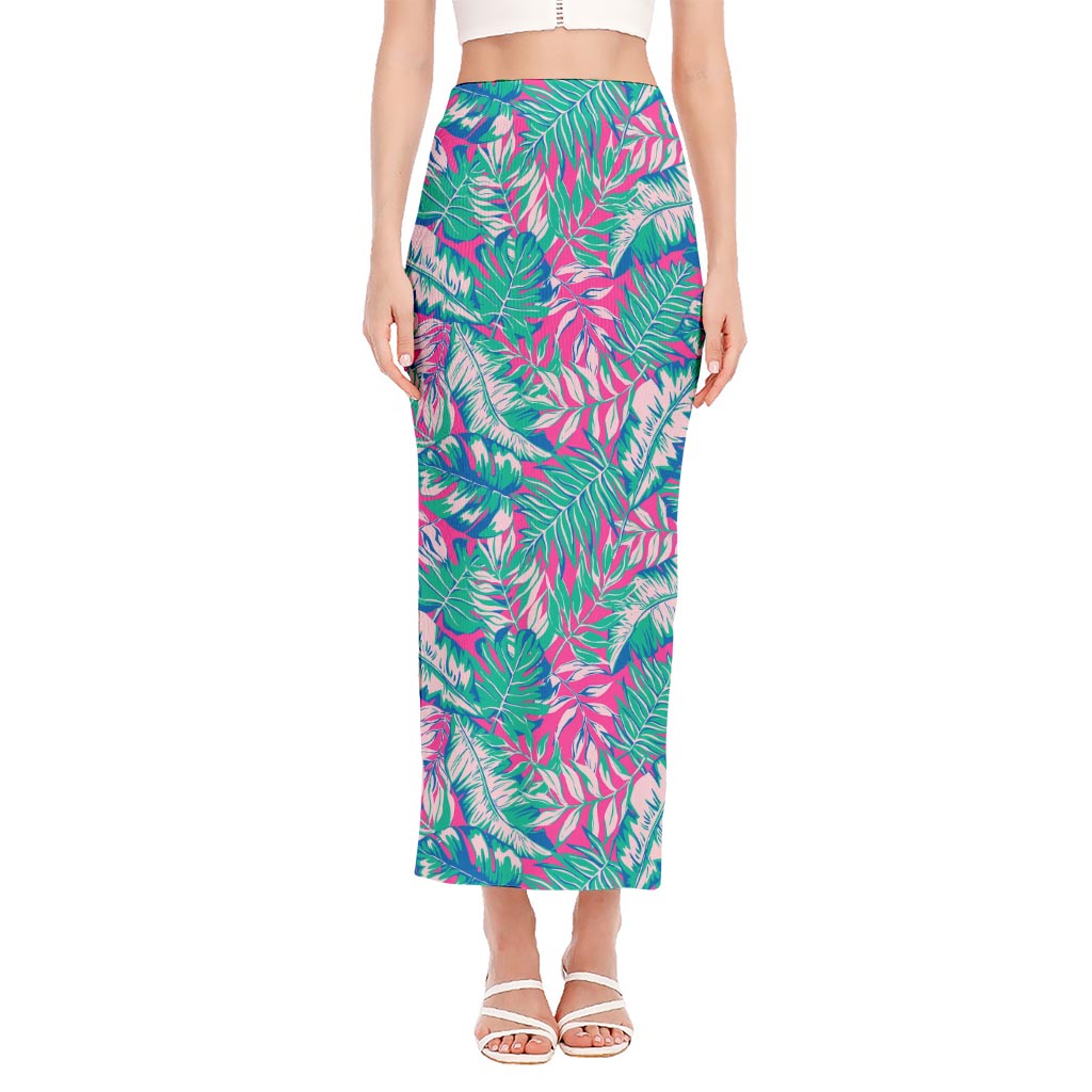 Teal Pink Blossom Tropical Pattern Print Side Slit Maxi Skirt