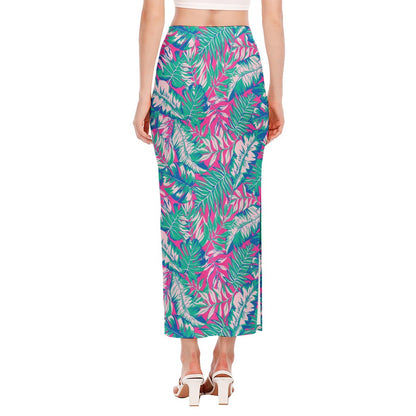 Teal Pink Blossom Tropical Pattern Print Side Slit Maxi Skirt