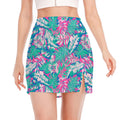 Teal Pink Blossom Tropical Pattern Print Side Slit Mini Skirt