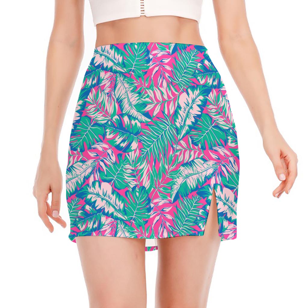 Teal Pink Blossom Tropical Pattern Print Side Slit Mini Skirt
