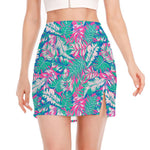 Teal Pink Blossom Tropical Pattern Print Side Slit Mini Skirt