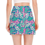 Teal Pink Blossom Tropical Pattern Print Side Slit Mini Skirt