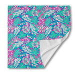 Teal Pink Blossom Tropical Pattern Print Silk Bandana
