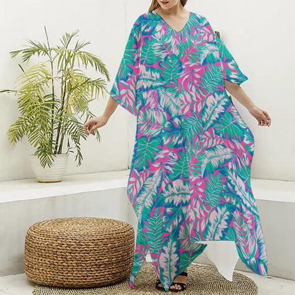 Teal Pink Blossom Tropical Pattern Print Silk V-Neck Kaftan Dress