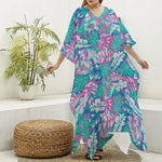 Teal Pink Blossom Tropical Pattern Print Silk V-Neck Kaftan Dress