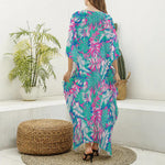 Teal Pink Blossom Tropical Pattern Print Silk V-Neck Kaftan Dress