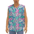 Teal Pink Blossom Tropical Pattern Print Sleeveless Baseball Jersey