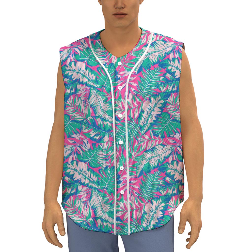 Teal Pink Blossom Tropical Pattern Print Sleeveless Baseball Jersey