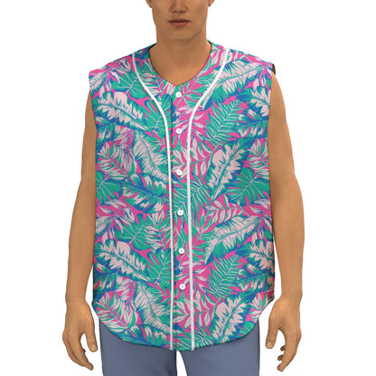 Teal Pink Blossom Tropical Pattern Print Sleeveless Baseball Jersey
