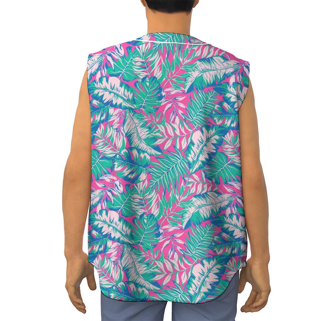 Teal Pink Blossom Tropical Pattern Print Sleeveless Baseball Jersey