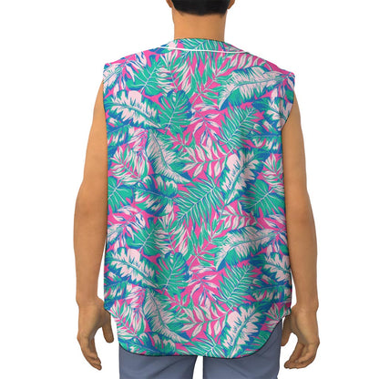 Teal Pink Blossom Tropical Pattern Print Sleeveless Baseball Jersey