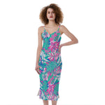 Teal Pink Blossom Tropical Pattern Print Slim Fit Midi Cami Dress