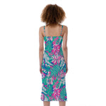 Teal Pink Blossom Tropical Pattern Print Slim Fit Midi Cami Dress