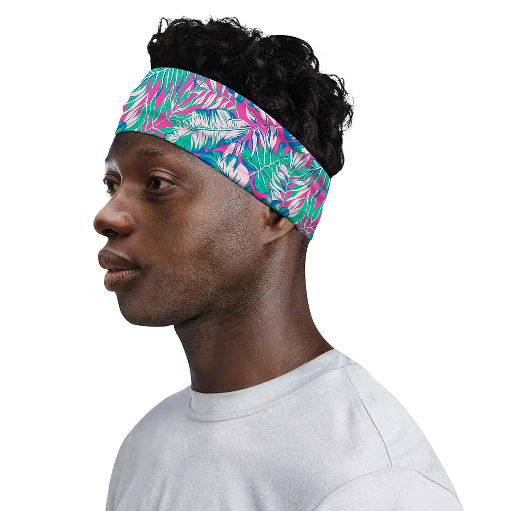 Teal Pink Blossom Tropical Pattern Print Sports Headband