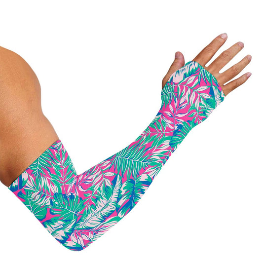 Teal Pink Blossom Tropical Pattern Print Sun Protection Arm Sleeves
