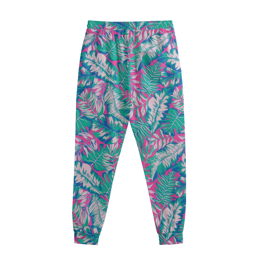 Teal Pink Blossom Tropical Pattern Print Sweatpants