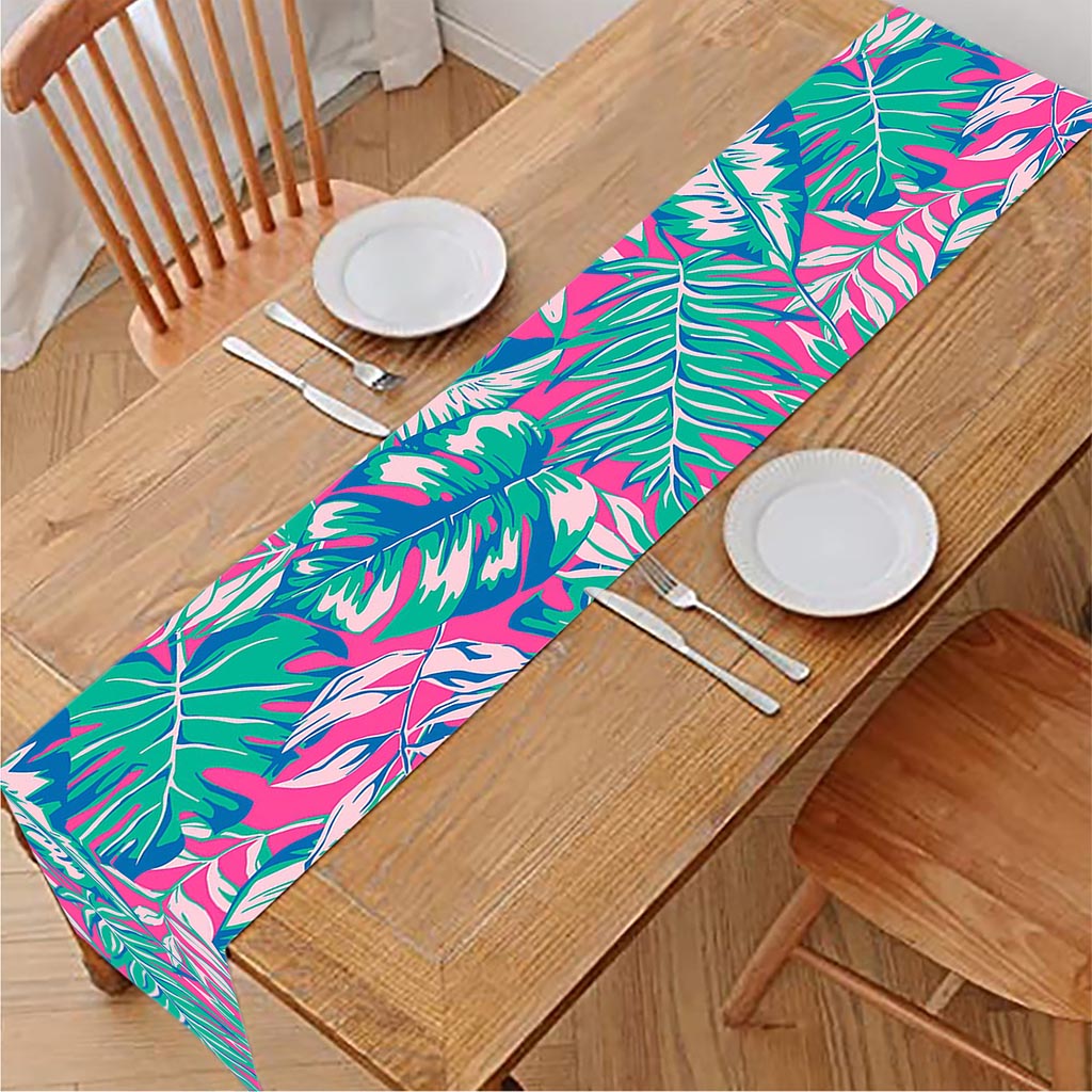 Teal Pink Blossom Tropical Pattern Print Table Runner