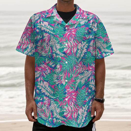 Teal Pink Blossom Tropical Pattern Print Textured Short Sleeve Shirt