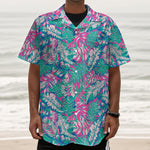 Teal Pink Blossom Tropical Pattern Print Textured Short Sleeve Shirt