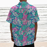 Teal Pink Blossom Tropical Pattern Print Textured Short Sleeve Shirt