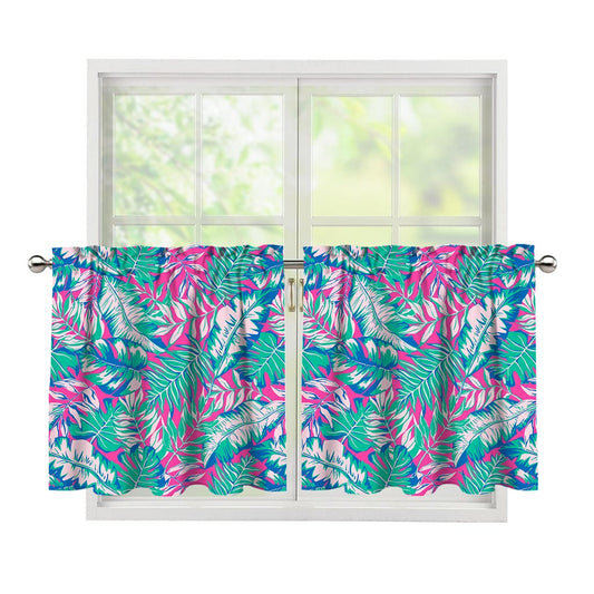 Teal Pink Blossom Tropical Pattern Print Tier Curtains