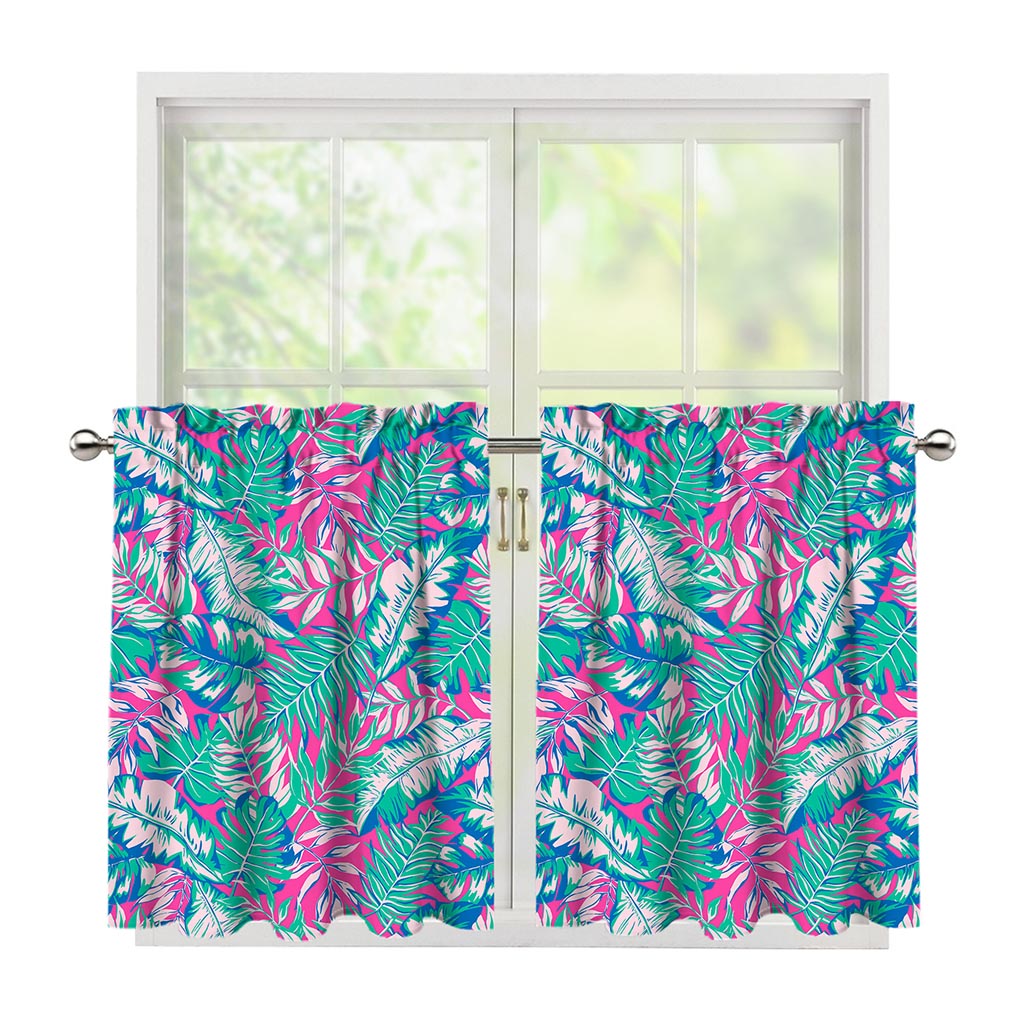 Teal Pink Blossom Tropical Pattern Print Tier Curtains