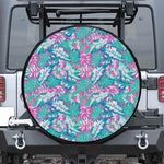 Teal Pink Blossom Tropical Pattern Print Tire Cover
