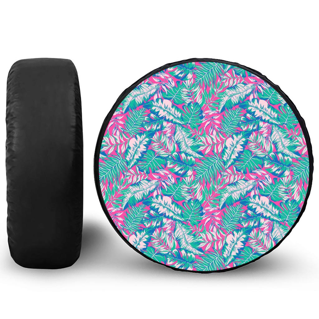 Teal Pink Blossom Tropical Pattern Print Tire Cover