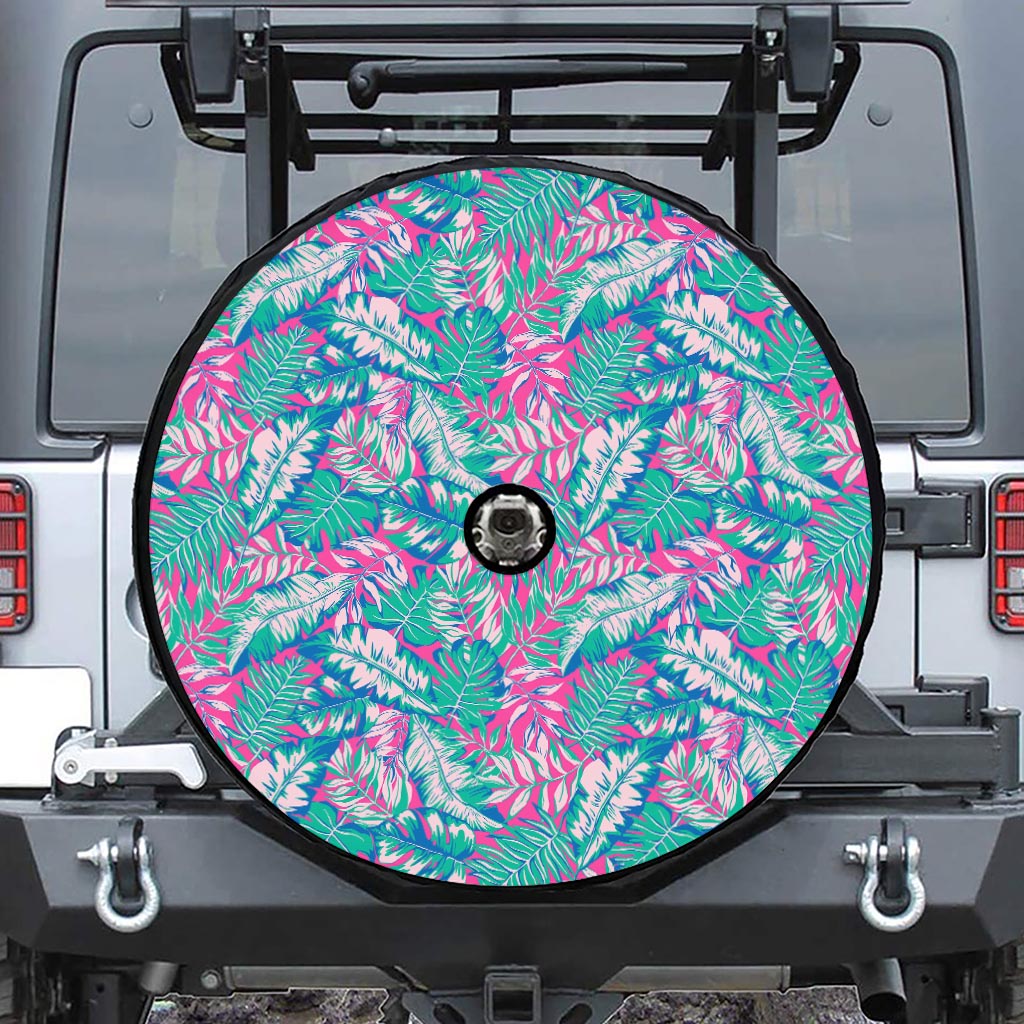 Teal Pink Blossom Tropical Pattern Print Tire Cover With Camera Hole