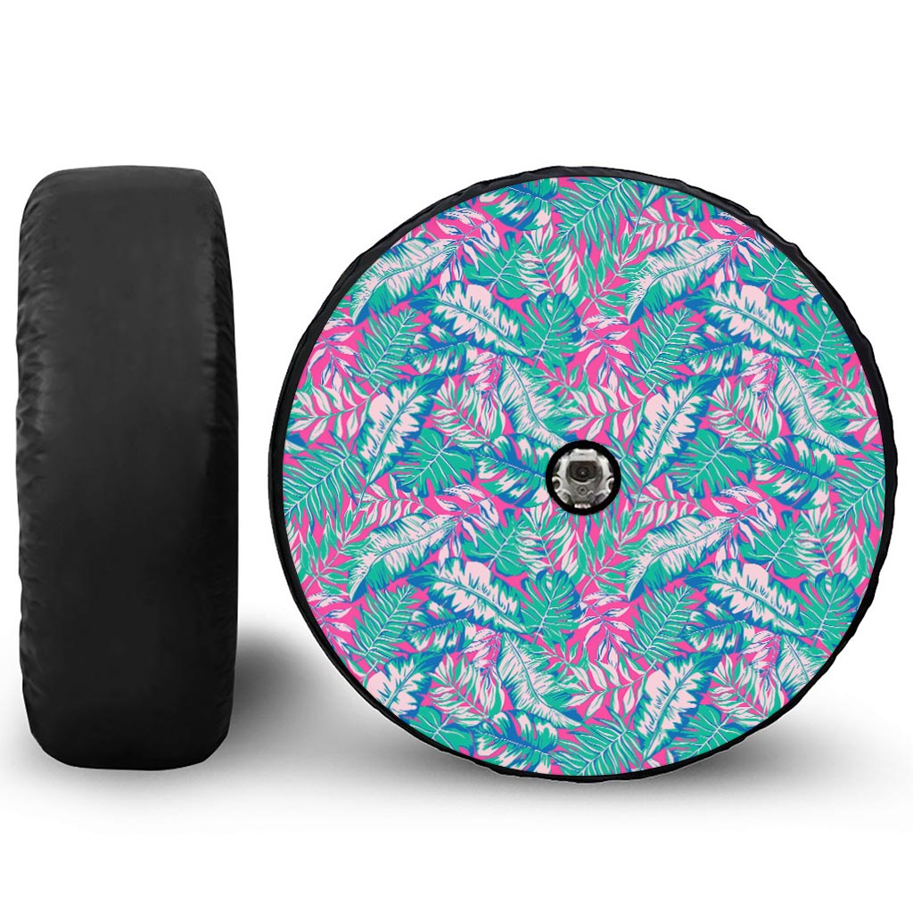 Teal Pink Blossom Tropical Pattern Print Tire Cover With Camera Hole