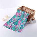 Teal Pink Blossom Tropical Pattern Print Towel