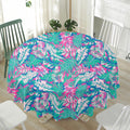 Teal Pink Blossom Tropical Pattern Print Waterproof Round Tablecloth