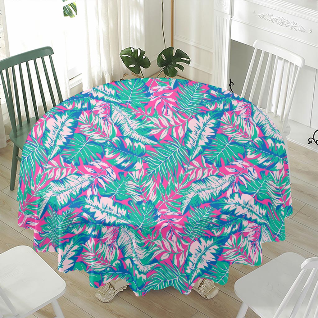 Teal Pink Blossom Tropical Pattern Print Waterproof Round Tablecloth