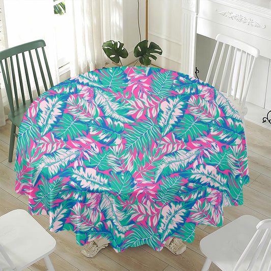 Teal Pink Blossom Tropical Pattern Print Waterproof Round Tablecloth