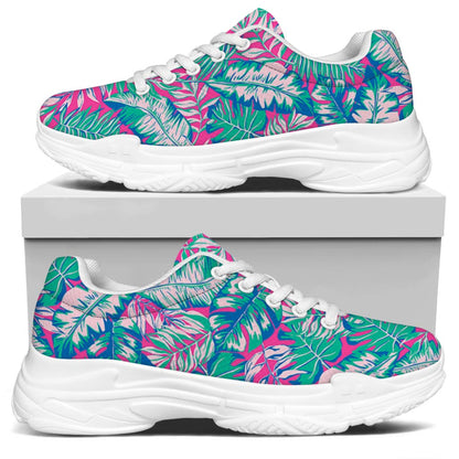 Teal Pink Blossom Tropical Pattern Print White Chunky Shoes