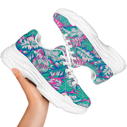 Teal Pink Blossom Tropical Pattern Print White Chunky Shoes