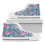 Teal Pink Blossom Tropical Pattern Print White High Top Sneakers