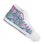 Teal Pink Blossom Tropical Pattern Print White High Top Sneakers