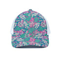 Teal Pink Blossom Tropical Pattern Print White Mesh Trucker Hat