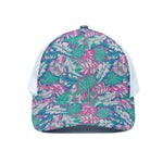 Teal Pink Blossom Tropical Pattern Print White Mesh Trucker Cap