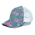 Teal Pink Blossom Tropical Pattern Print White Mesh Trucker Cap