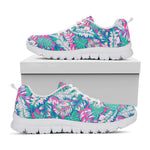 Teal Pink Blossom Tropical Pattern Print White Running Shoes