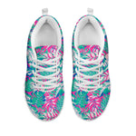 Teal Pink Blossom Tropical Pattern Print White Running Shoes