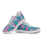 Teal Pink Blossom Tropical Pattern Print White Running Shoes
