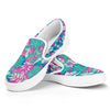 Teal Pink Blossom Tropical Pattern Print White Slip On Sneakers